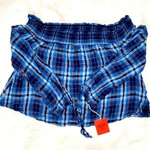 Mossimo Navy Blue Plaid Off Shoulder XXL  NWT
